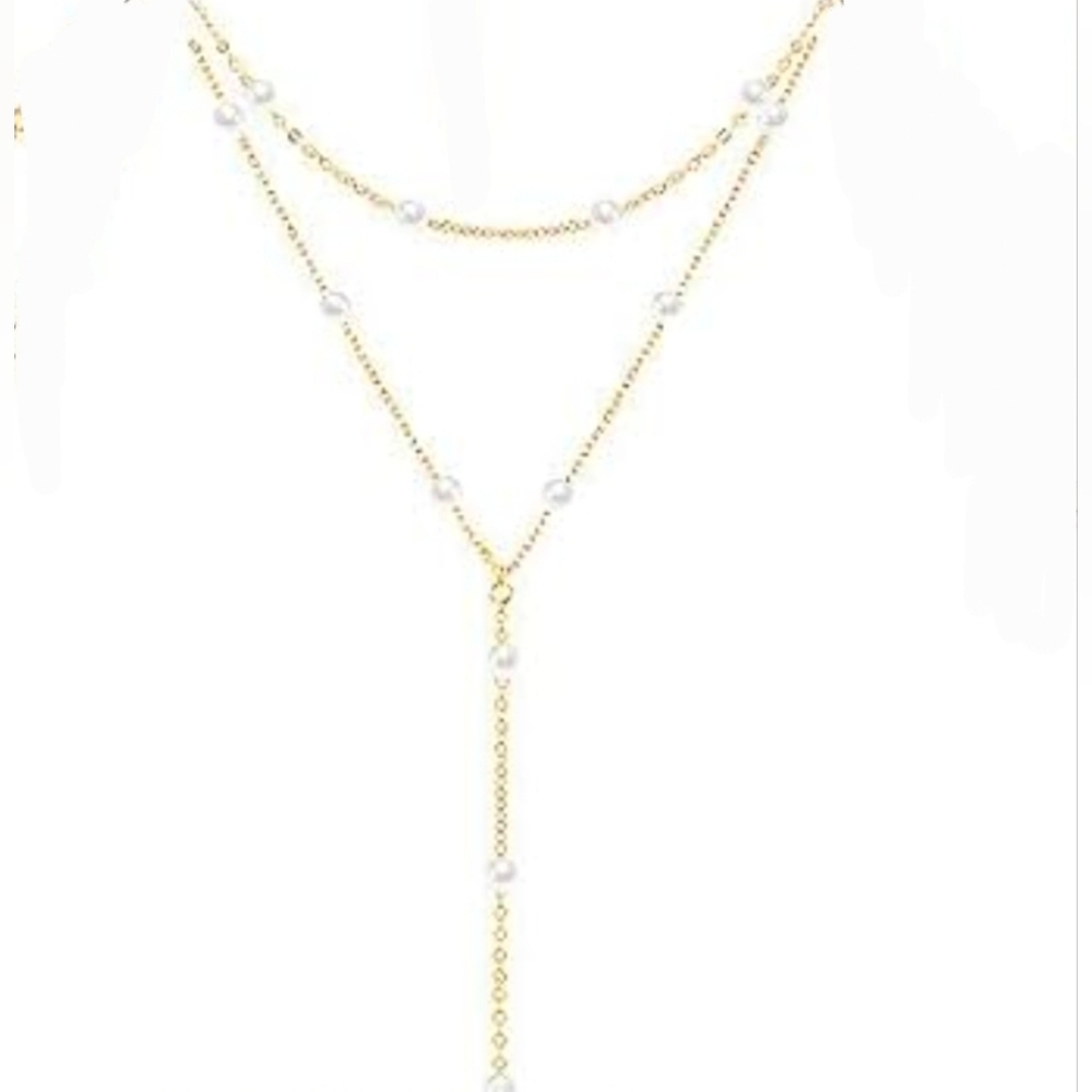 Elegant Layerd Gold & Faux Pearl Drop Necklace BNIB